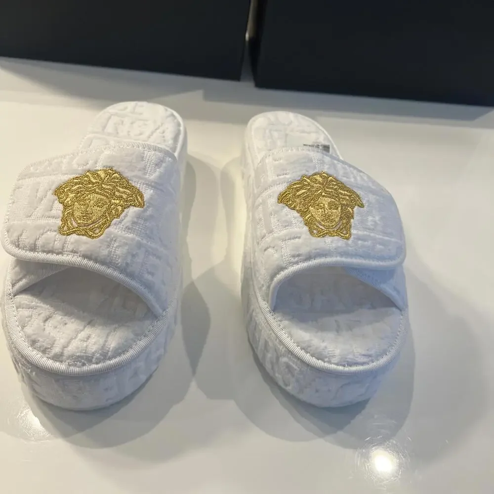 $475 White Versace Medusa Head Fabric platform slippers Size 41